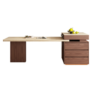 中古风岛台餐桌一体家用可伸缩胡桃色倒台开放厨房餐厅岩板中导台