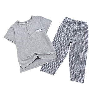 特价粒粒仔儿童家居服套装睡衣套小网格短袖套装男童睡衣