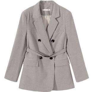 爱居兔西服女春潮流格子本布腰带双排扣时尚西服外套女上衣