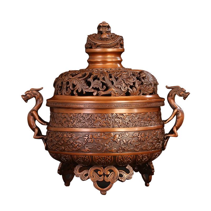 紫铜佛具用品龙凤纹熏香炉