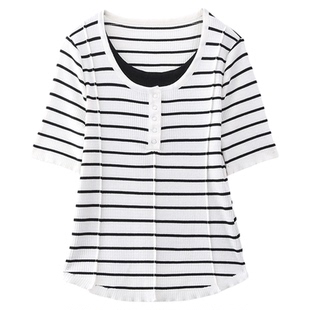 科尚女装2026夏季新款条纹针织衫圆领短袖T恤衫假两件套头上衣