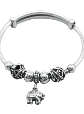 999足银手镯复古女款简约时尚民族风大象纯银手镯推拉送女友礼物