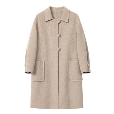 蓝语真丝羊毛混纺中长款毛呢大衣