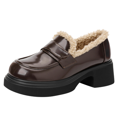 复古棕色加绒乐福鞋英伦风小皮鞋