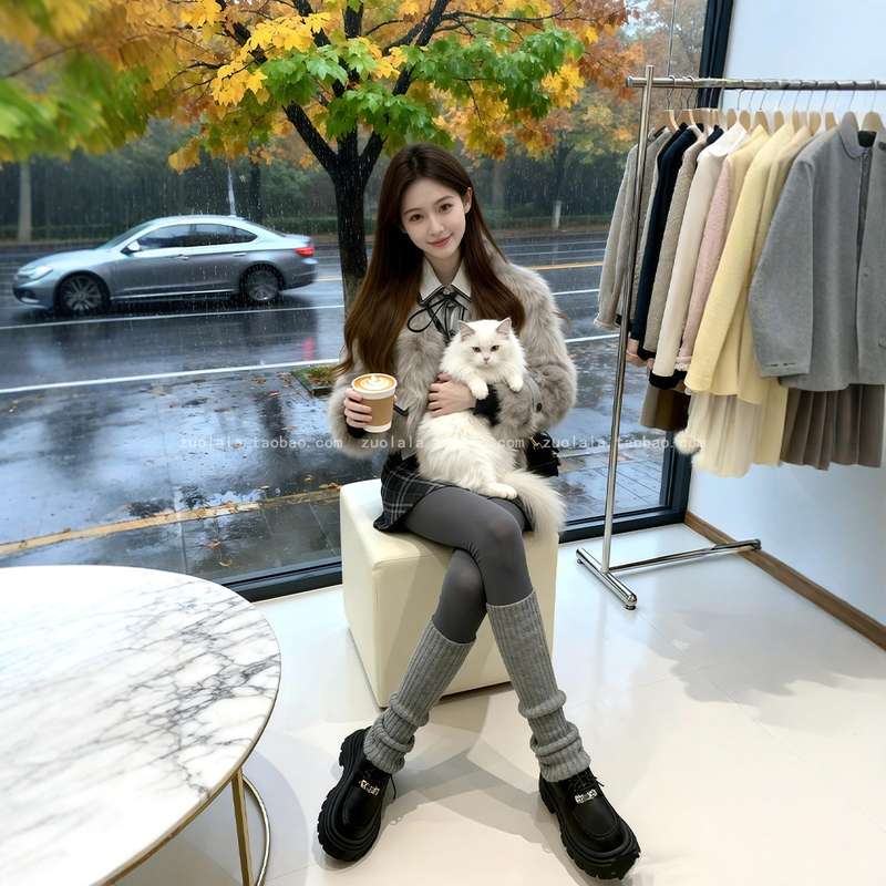 巨好看的冬装一整套大码胖mm富家千金小香风毛毛外套格纹短裙套装