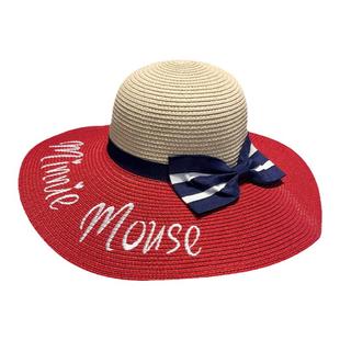 草帽女夏蝴蝶结盆帽拼接大帽檐遮阳帽夏天沙滩防晒帽时尚红色凉帽