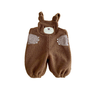 儿童羊羔毛背带裤2025冬季新款宝宝加绒加厚卡通长裤男童宽松裤子