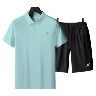 特步运动套装男2025夏季新款绿色polo衫两件套男士休闲跑步运动服