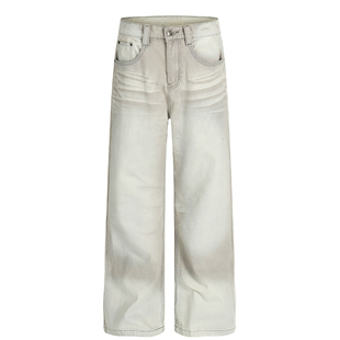 美式复古做旧脏染白色牛仔裤男宽松直筒阔腿潮牌痞帅微喇弯刀裤子