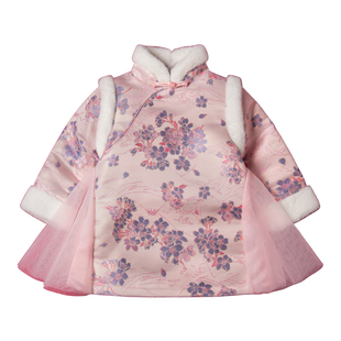 木本尚女童汉服旗袍裙2026新款宝宝冬装拜年服粉色可爱提花刺绣