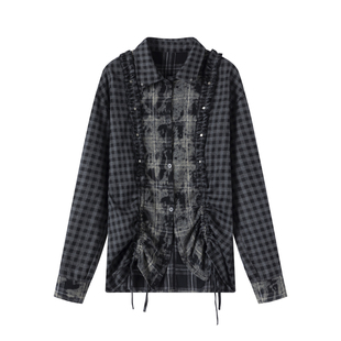 CestNous 流浪风褶皱做旧抽绳黑灰格纹衬衫女拼接荷叶边雪纺衬衣