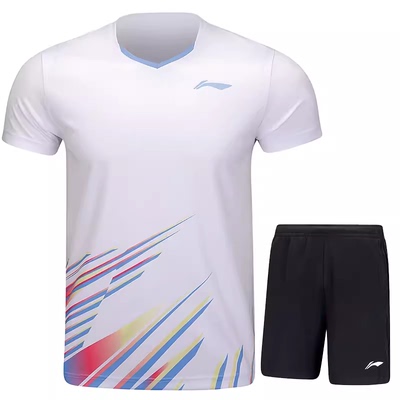 新款李宁羽毛球服俱乐部男款套装 透气速干运动短袖AATU025