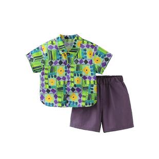 [假日风]齐齐熊男童夏装套装儿童夏季短袖衬衫男宝宝休闲花衬衣薄