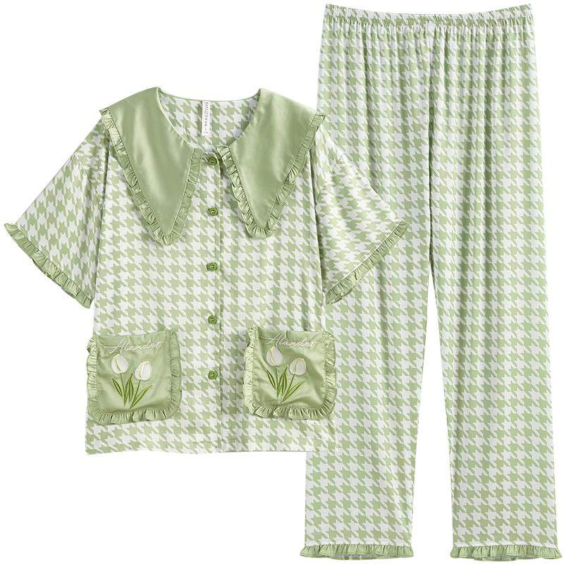 玛伦萨【凉感抗菌】短袖睡衣女士冰丝春夏季可外穿家居服长裤套装