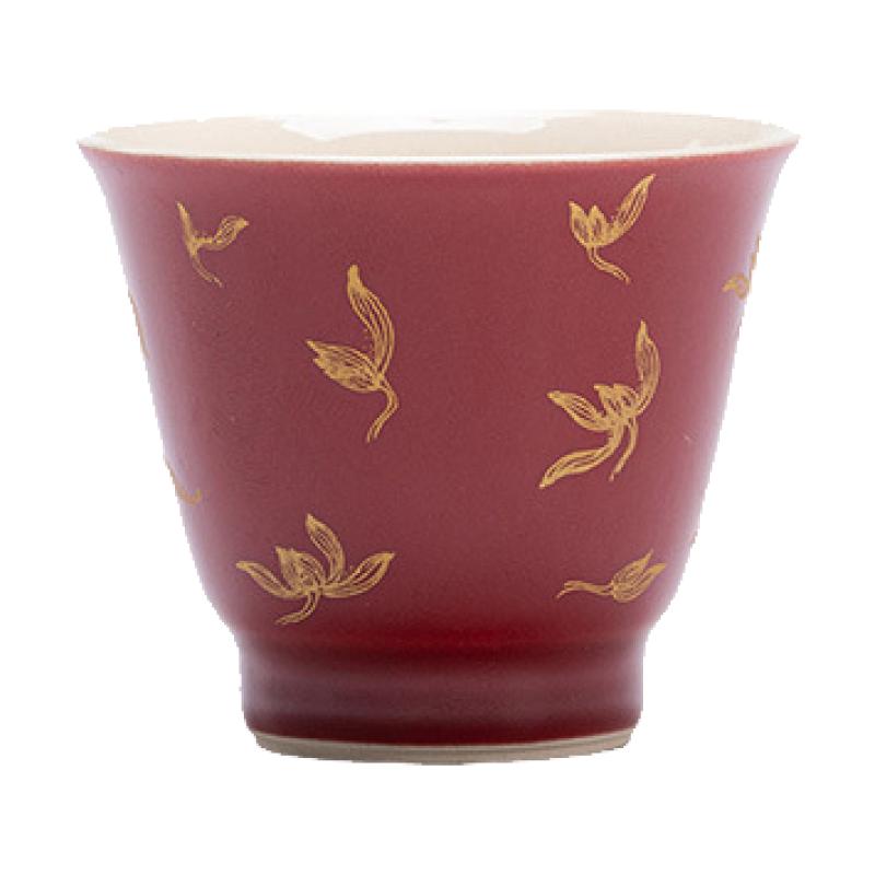 中式烫金品茗杯陶瓷品茶杯小号秋水兰花雅致单杯喝茶结婚婚礼小杯