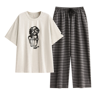 悦内带胸垫睡衣女款夏季夏天纯棉短袖长裤家居服女休闲可外穿条纹