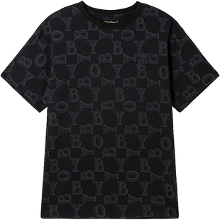 BOYLONDON男女同款短袖字母老花满印黑色潮牌T恤N01126