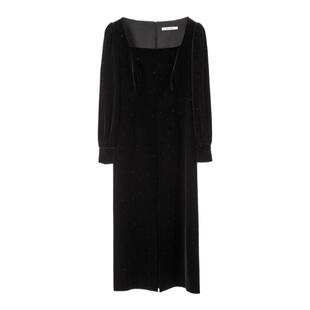 朗姿2024冬季新款法式气质方领泡泡袖长袖收腰显瘦鱼尾丝绒连衣裙