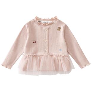 班喜迪女童长袖t恤春秋款2026新款宝宝套头上衣儿童网纱衣服春装