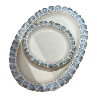 高级感！烟蓝色花边餐具系列套装牛排早餐盘西餐盘子甜品水果盘子