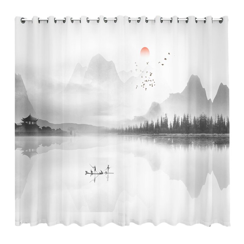 新中式窗帘布禅意中国风景古典山水墨画客厅透光不透人白纱帘隔断
