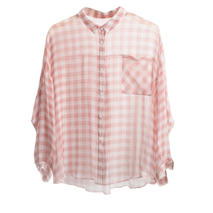 yuanyin夏季防晒棋盘格chic粉红色简约通勤ins蚕丝上衣格子衬衣女
