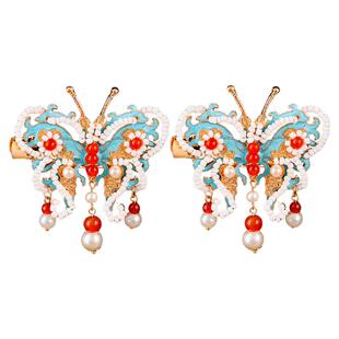 汉服头饰带白色小珍珠蝴蝶发夹少女中国古风发饰烧蓝对夹古装配饰