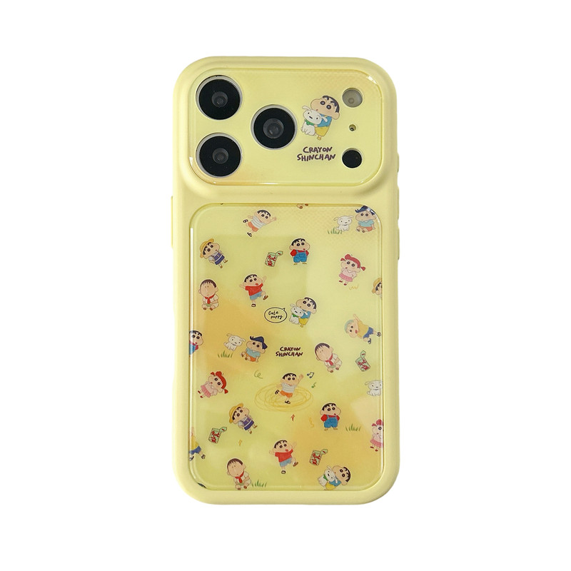 黄色蜡笔小新同学适用iphone秒变苹果17promax小众16pro可爱15女生卡通包相机键大视窗软边亚克力精孔手机壳
