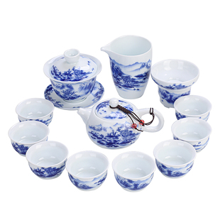 简约青花瓷功夫茶具整套复古山水盖碗办公室家用茶杯带杯架礼盒装