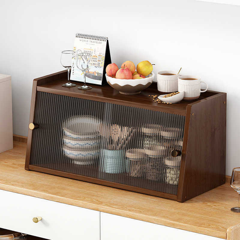日式桌面餐边柜厨房台面置物架实木收纳储物柜子家用玻璃碗柜茶柜