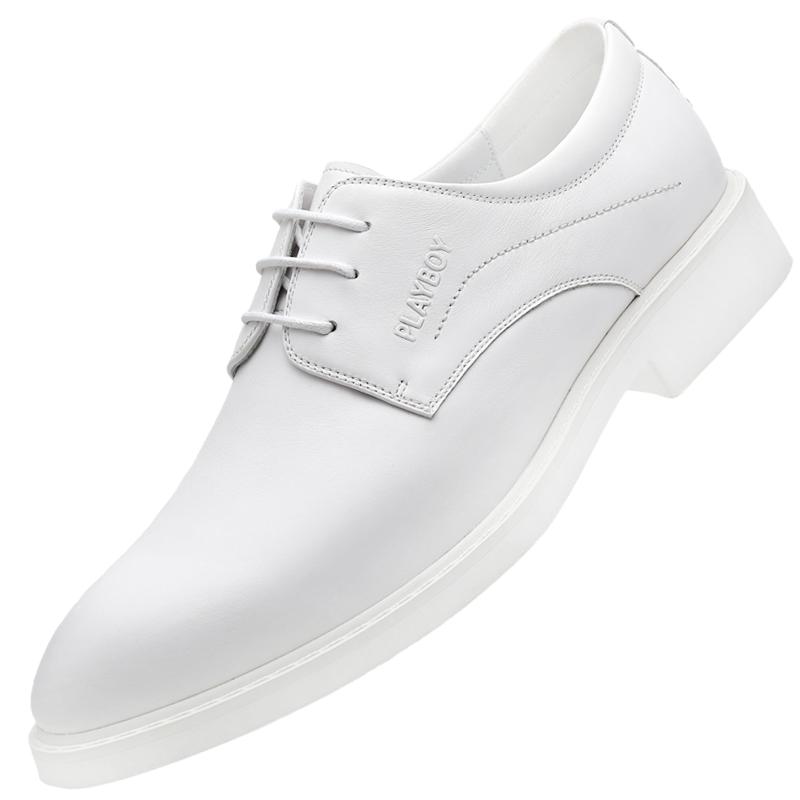 花花公子白色男士皮鞋真皮商务正装结婚新郎伴郎西装婚鞋大码小码
