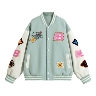 悟空有货潮牌拼接撞色毛巾绣棒球服外套男女美式重磅宽松情侣夹克