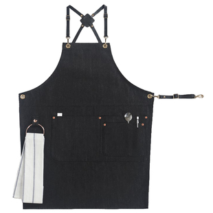 Virgo 背带灰色黑色牛仔围裙 咖啡奶茶美发花艺师工作围裙定制