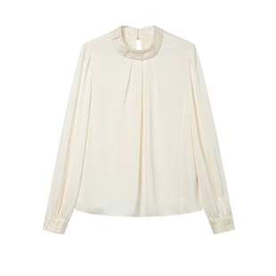 白鹿语法式立领钉珠衬衫秋季新款优雅通勤设计感捏褶正肩衬衣女