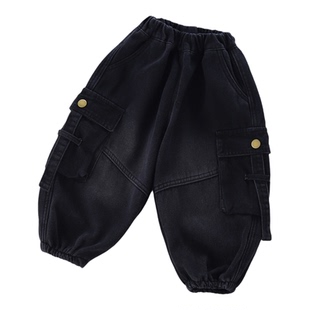 男童黑色加绒工装牛仔裤儿童春秋冬宽松束脚多口袋长裤宝宝韩版潮