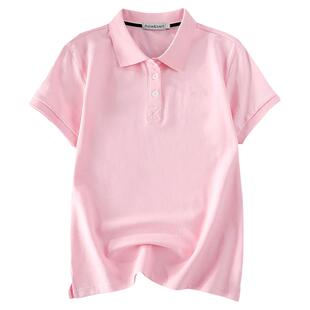 粉色夏季短袖polo衫女纯棉翻领短袖T恤女纯色定制工作服学生休闲