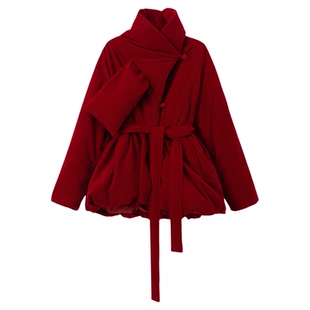 司童 红丝绒蛋糕花苞围巾领羽绒服90白鸭绒短款外套女宽松冬新款