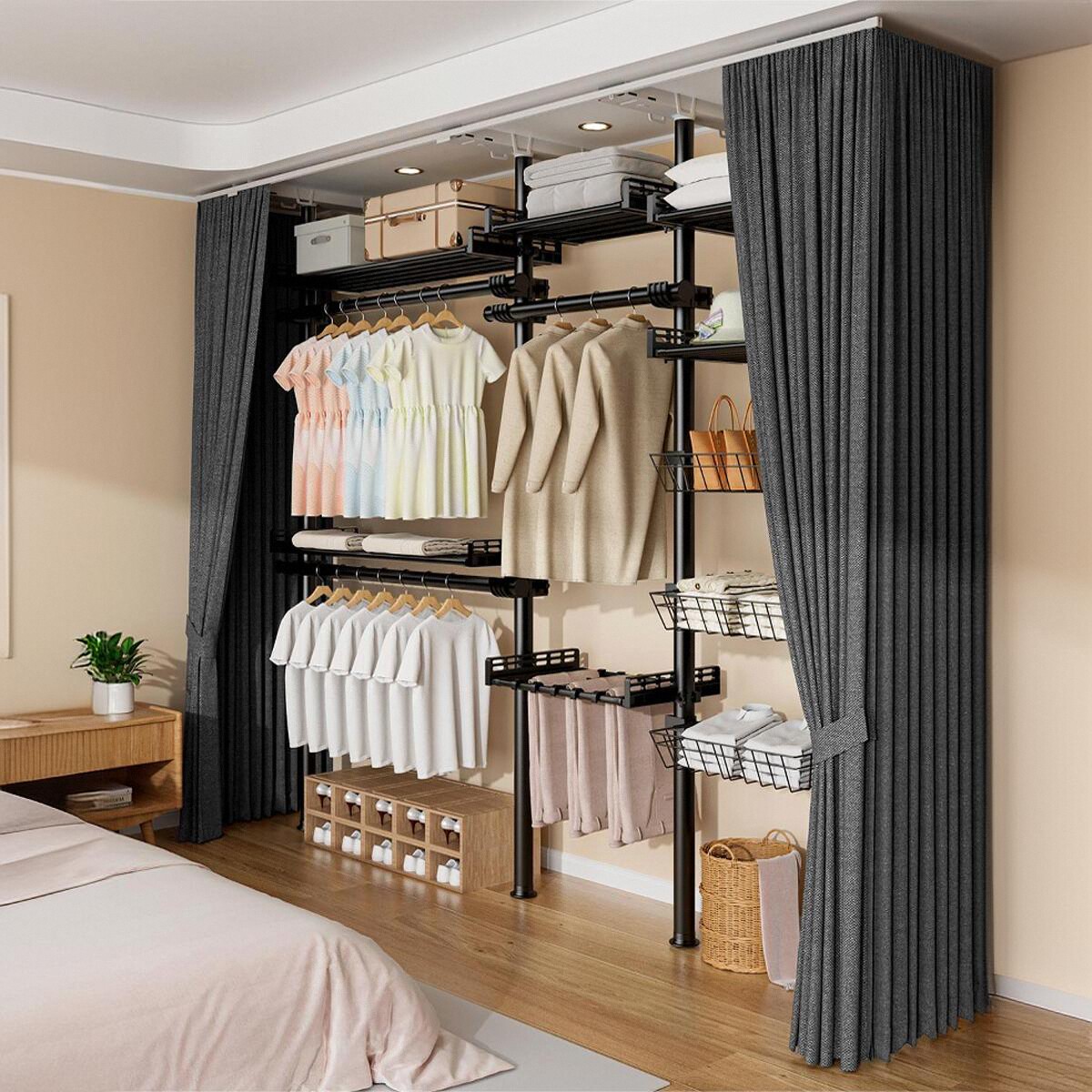 顶天立地衣架带帘子开放式衣帽间金属衣柜卧室落地挂衣架置衣架