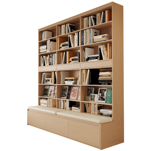 定制全实木卡座书柜一体整墙客厅书架橡木满墙置储物落地展示柜