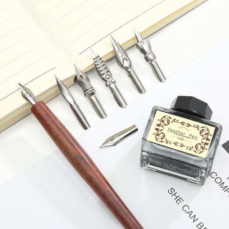 厂家直供木制蘸水笔同学教师礼品笔尖羽毛盒墨水复古6套装笔钢笔