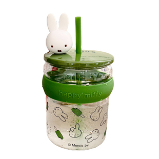 可爱米菲兔玻璃水杯带盖送女生高颜值办公室茶杯生日礼物吸管杯子