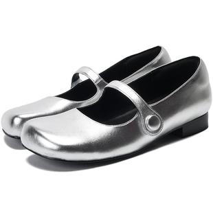 littlegood玛丽珍鞋女新款百搭银色小皮鞋学院风