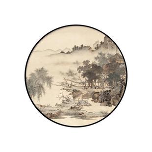 宋式美学圆形山水画新中式玄关装饰画客厅茶室背景墙壁画靠山灯画