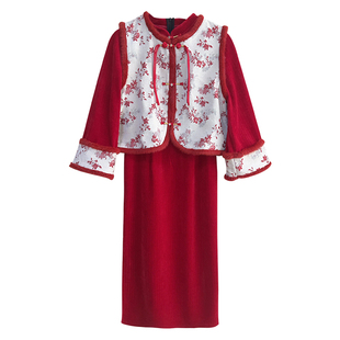 喜乐【自制款】加绒版~新中式红色订婚喜庆回门旗袍裙+马甲套装冬