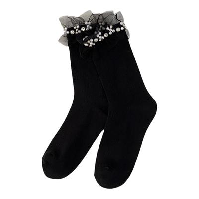 黑白色袜子女中筒袜秋款款可爱网纱花边水钻珍珠纯色堆堆袜ins潮