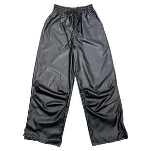 美式宽松阔腿工装裤子女pu皮裤黑色辣妹休闲运动爵士跳舞穿搭长裤