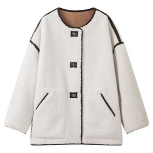 RUISHI芮时“都市漫游”撞色宽松气质仿羊羔毛夹克外套短款女冬