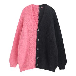 大码女装秋冬新款港风设计感黑粉撞色针织开衫外套胖mm炸街毛衣潮