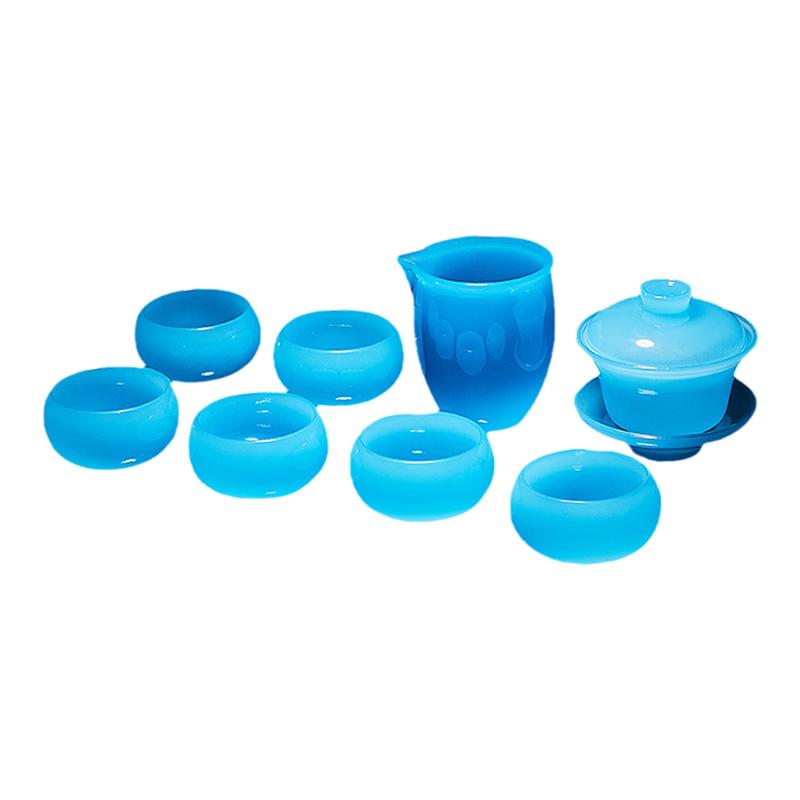 容山堂冰蓝玉瓷整套茶具套装盖碗茶杯公道杯家用泡茶功夫琉璃礼盒