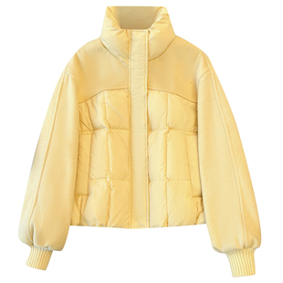 羊毛呢拼接黄色立领羽绒棉服外套女2025过冬新款版型好看加厚棉衣